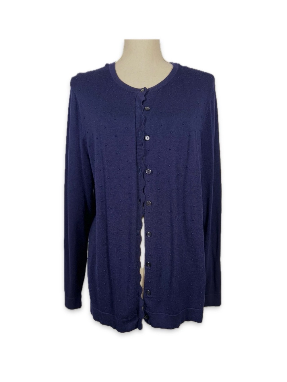 Croft & Barrow XL Navy Blue Scalloped Front Swiss Dot Cardigan Sweater Classic - Picture 1 of 9
